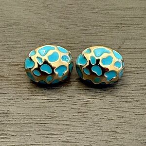 Turquoise Enamel Clip On Earrings Gold Tone Dome Statement Vintage Inspired